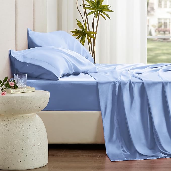 Love's cabin Twin XL Satin Sheet Sets - 3 Piece Sky Blue Silky Bed Sheets with Deep Pockets, Luxury Silk Feel Satin Sheet Set Twin XL (1 Flat Sheet,1 Fitted Sheet,1 Pillow case)