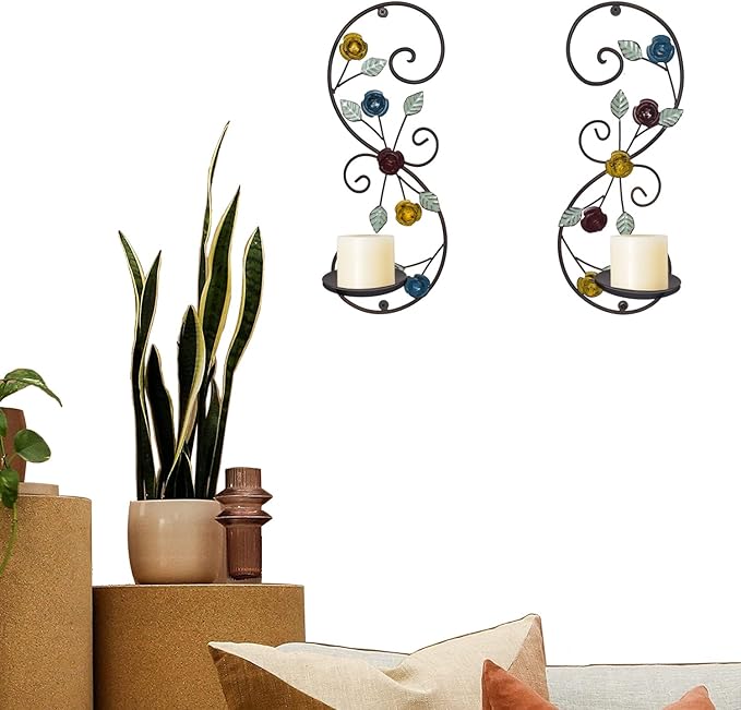 Wall Sconces Candle Holder Set of 2, Antique Multi-Color Leaf Branch Wall Mount Hanging Metal Wall Candle Holder Candle Sconce for Living Room Dining Room