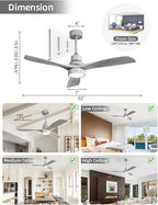 Sofucor 52 Inch Smart Ceiling Fans with Lights and Alexa/Google Assistant/APP/Remote Control-Modern Solid Wood Outdoor 3 Blades Ceiling Fan for Bedroom Living Room Indoor Farmhouse Patio, Silver Grey