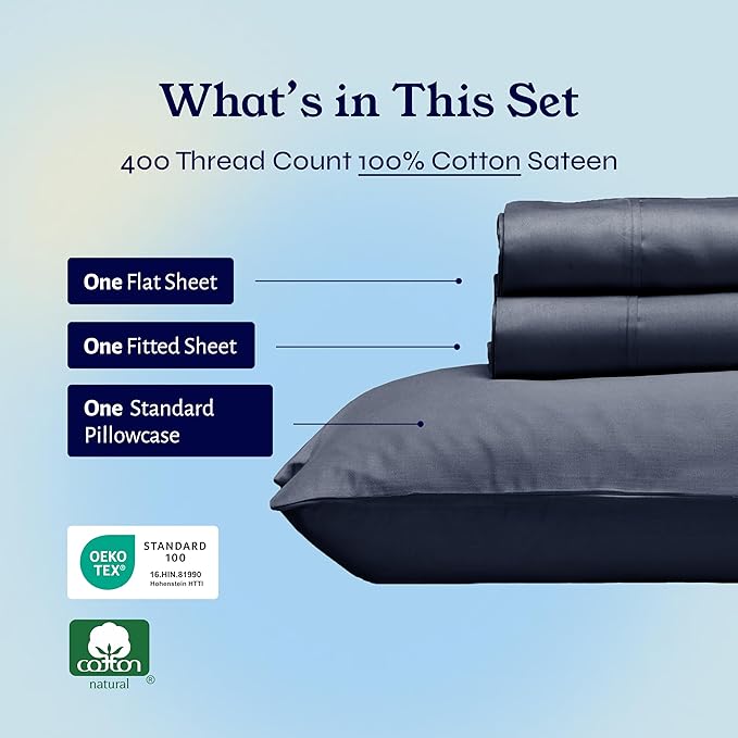 California Design Den Natural 100% Cotton Sheets, Twin Sheets Set, 400 Thread Count Sateen Bedding for Dorm Rooms & Adults, Deep Pockets with All Around Elastic, Cool & Durable - Indigo Dusty Blue