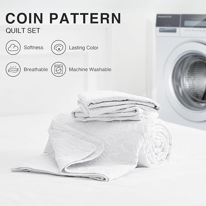 Love's cabin Quilts for Full Bed White Bedspreads Bedding Set - Summer Lightweight Bedspread Comforter - Coin Pattern Bedding Coverlet for All Season - 3 Pieces (1 Quilt, 2 Pillow Shams)