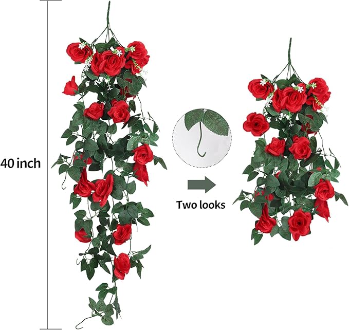 RECUTMS Hanging Rose Flowers Artificial Vines for Outdoors with 30 LED Fairy String Lights Indoor Home Garden Wall Wedding (Red)