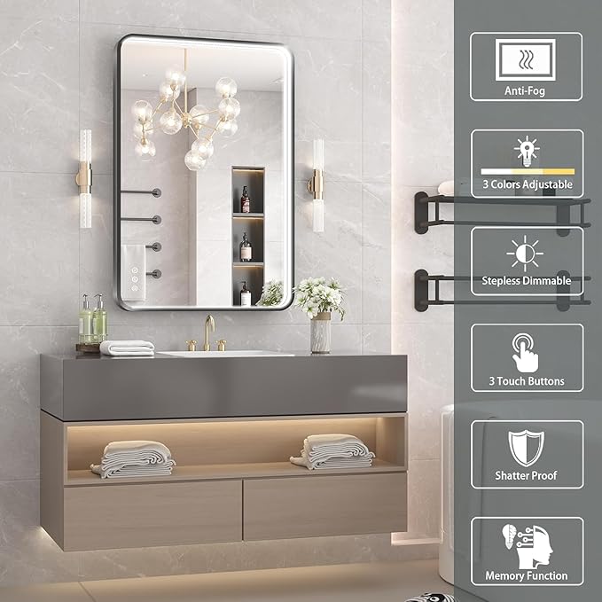 28x36 Inch LED Bathroom Mirror with Lights, Black Metal Framed LED Mirror for Bathroom, 3 Colors and Stepless Dimmable Wall Mounted Lighted Bathroom Vanity Mirror, Anti-Fog, Memory