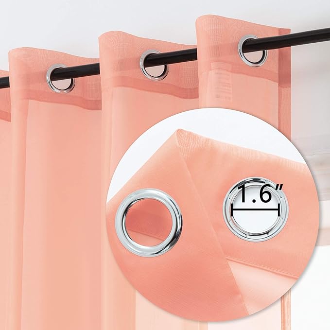 DUALIFE Light Coral Curtains 72 Inches Long for Living Room Set of 2 Panels Grommet Transparent Coral Sheer Curtains for Bedroom Decor Dining Area Decorations 52x72 Inch Length