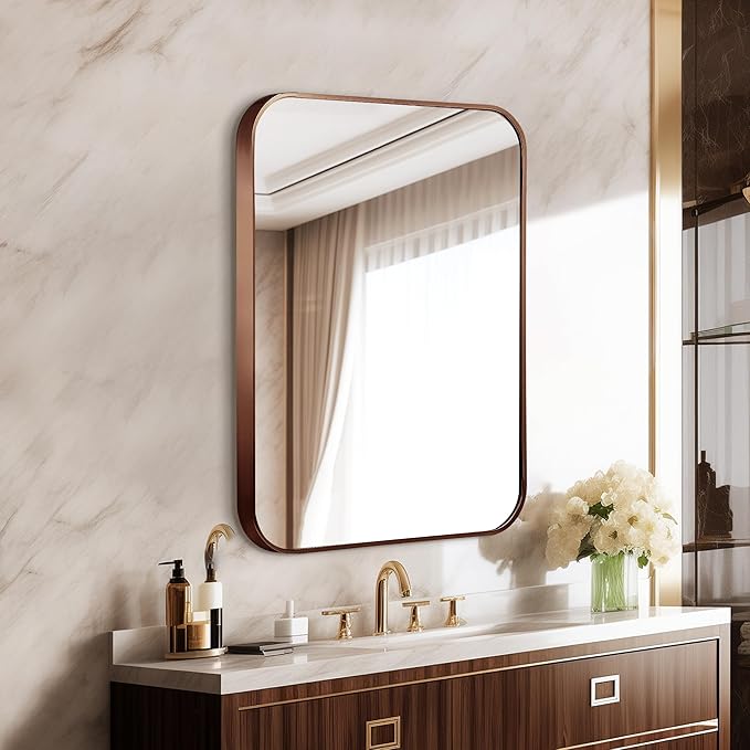 22"x30" Brushed Bronze Bathroom Mirror for Wall, Rounded Rectangle Mirror with Brown Metal Frame Hanging for Bathroom Entryway Vanity,Living Room,Bedroom,Vertical or Horizontal
