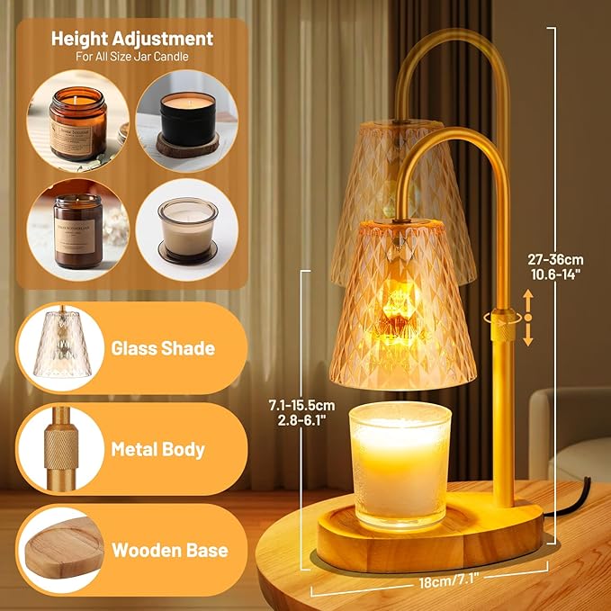 Candle Warmer Lamp with Timer : Adjustable Light Level Adjustable Height Flameless Safety Candle Lamps - Jar Candles Home Decoration Amber