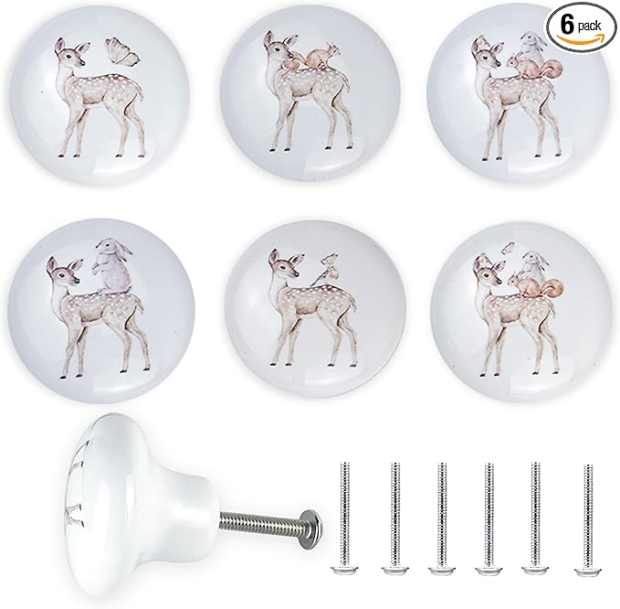 6 Pack 1.5" Ceramics Safari Nursery Kids Animal Unique Cute Cabinet Decorative Dresser Drawer knobs pulls (Deer)