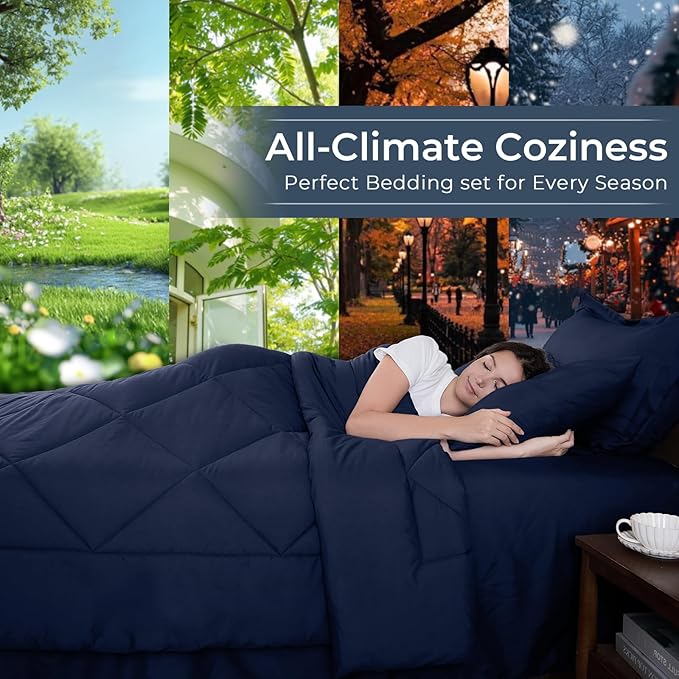 HEVUMYI Navy Blue King Comforter Set - 7-Piece All Season Bed in a Bag King, Ultra Soft Bedding Set with Comforter, Flat Sheet, Fitted Sheet, Pillowcases, Pillow Shams, Navy Blue
