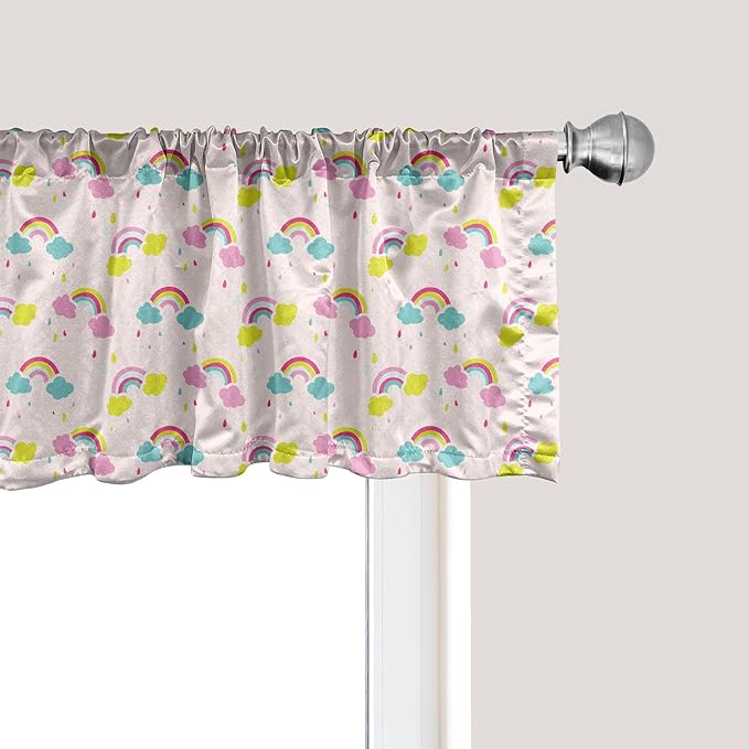 Ambesonne Cartoon Window Valance, Pastel Rainbows Clouds Raindrops Sky Theme, Curtain Valance for Kitchen Bedroom Decor with Rod Pocket, 42" x 12", Rose and Multicolor
