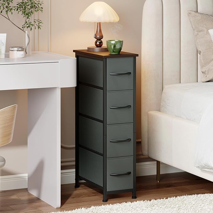 Somdot Narrow Dresser with 4 Drawers, Slim Storage Organizer Chest of Drawers with Removable Fabric Drawers for Small Spaces Bathroom Closet Bedroom Laundry, Charcoal Grey