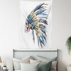 Lunarable Watercolor Tapestry, Skull Native Hat Indigenous Cultures Circle of Life Death, Wall Hanging for Bedroom Living Room Dorm Decor, 40" X 60", Cream Blue