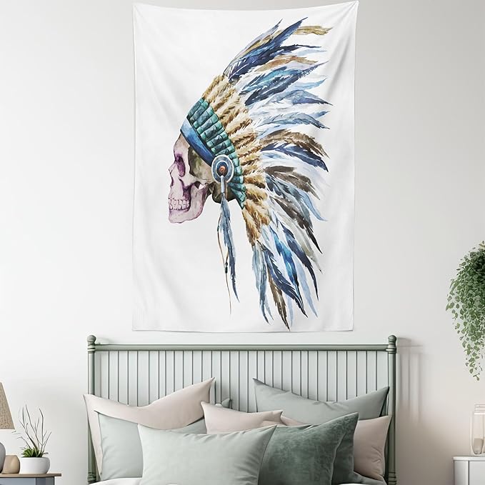 Lunarable Watercolor Tapestry, Skull Native Hat Indigenous Cultures Circle of Life Death, Wall Hanging for Bedroom Living Room Dorm Decor, 40" X 60", Cream Blue