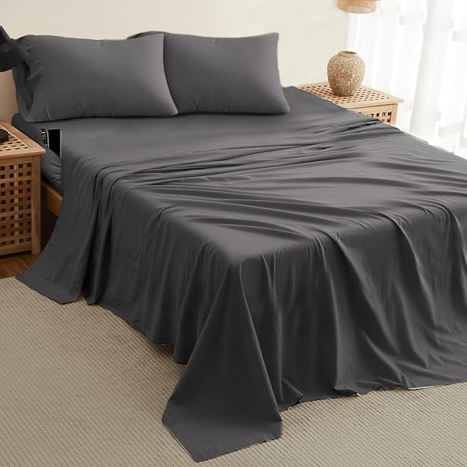 DREAMCARE California King Sheet Sets – 4 pcs Cooling Sheets – up to 21” Deep Cal King Sheets – Hotel Luxury Pillowcases – Superior Softness 100% Fine Microfiber with Side Pocket – Gray