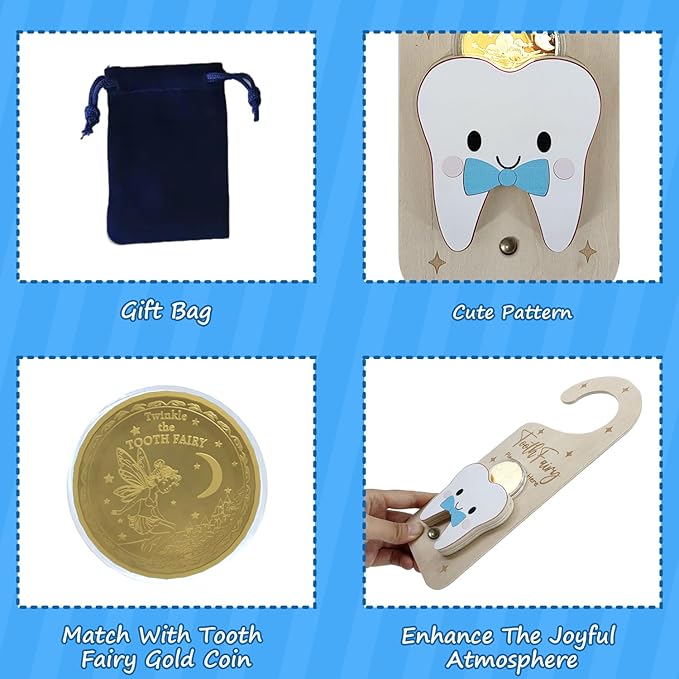 PAMBO Tooth Fairy Door Hanger, Wooden Tooth Fairy Money Holder with Tooth Coins for Lost Tooth Kids Gifts (Blue)