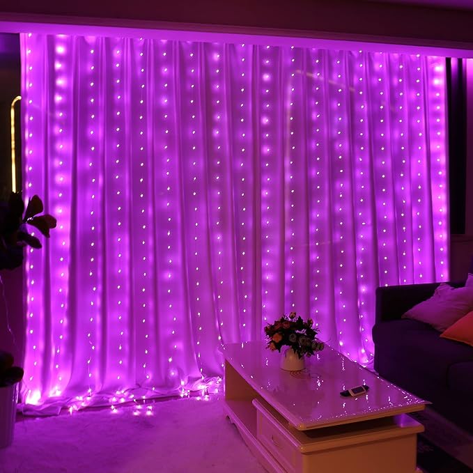 HXWEIYE 300LED Fairy Curtain Lights, 9.8x9.8Ft USB Plug-in 8 Modes Christmas String Hanging Lights with Remote for Bedroom Backdrop Wedding Party Indoor Wall Decor, Pink, Tangle-Free