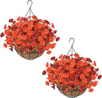 2 Set Artificial Hanging Flowers Plants Basket for Outdoors Fall Decorations, 24 Pcs UV Resistant Faux Morning Glory Fake Petunias with 2 Hanging Planter for Home Porch Balcony Garden Decor
