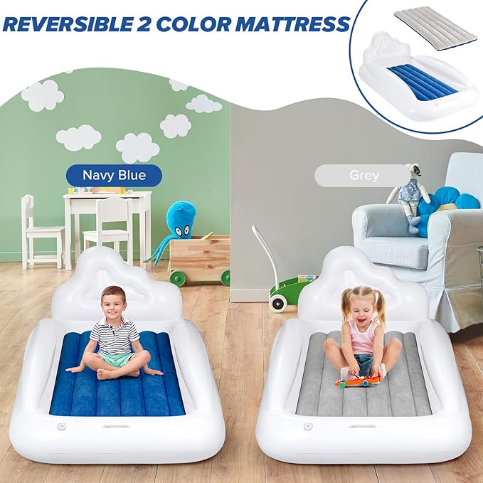 Inflatable Toddler Travel Bed, Reversible 2 Color Kids Air Mattress | Kids Blow up Mattress with Sides | Portable Toddler Bed for Travel, Sleepovers - Navy Blue & Grey