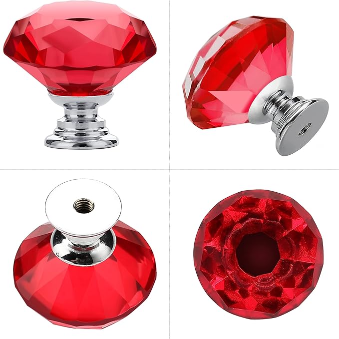 Ravinte 25 Pack Red Crystal Knobs for Dresser Drawers - 30 mm Glass Cabinet Diamond Shaped Knobs with Silver Base