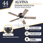 Prominence Home Alvina Traditional 44 Inch Ceiling Fan with Light, LED Flush Mount Ceiling Fan, Indoor Fan with 5 Blades, Gray Pine and Maple Brown Blade Finish Options, Bronze (51584-01)