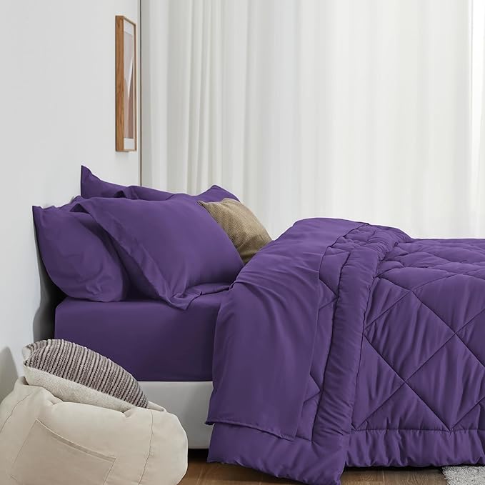 Love's cabin Queen Comforter Set Purple, 7 Pieces Queen Bed in a Bag, All Season Bedding Sets with 1 Comforter, 1 Flat Sheet, 1 Fitted Sheet, 2 Pillowcase and 2 Pillow Sham
