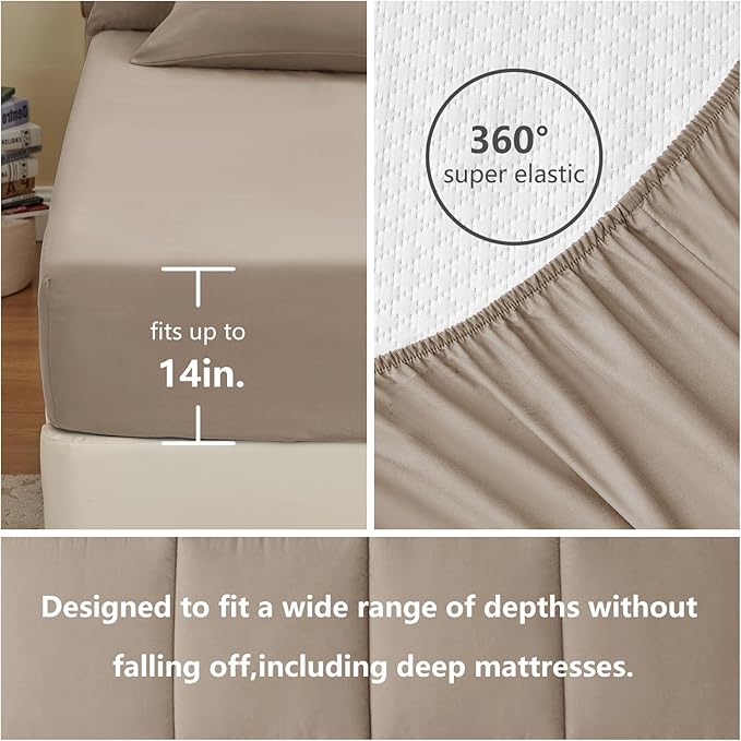 CozyLux Queen Comforter Set Khaki, 7 Pieces Bed in a Bag, Khaki Comforter Queen Size, All Season Bedding Sets with Stitch Quilted Comforter, Flat Sheet, Fitted Sheet, Pillowcases