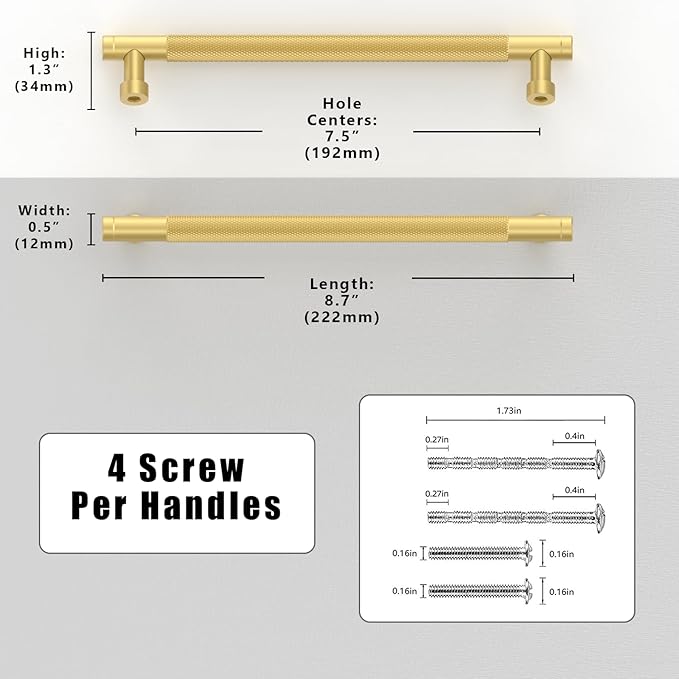 10 Pack Brushed Gold Knurled Cabinet Pulls 7.5 Inch(192mm) Kitchen Cabinet Handles Solid Zinc Alloy Cabinet Hardware Drawer Pulls