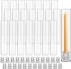 24 Set Christmas Glass Hurricane Candle Holders 12.6" Open Ended Glass Candleholder Tube Shape Bottomless and 2.2" Taper Clear Candlestick Holders for Wedding Party Table Centerpiece (Clear)