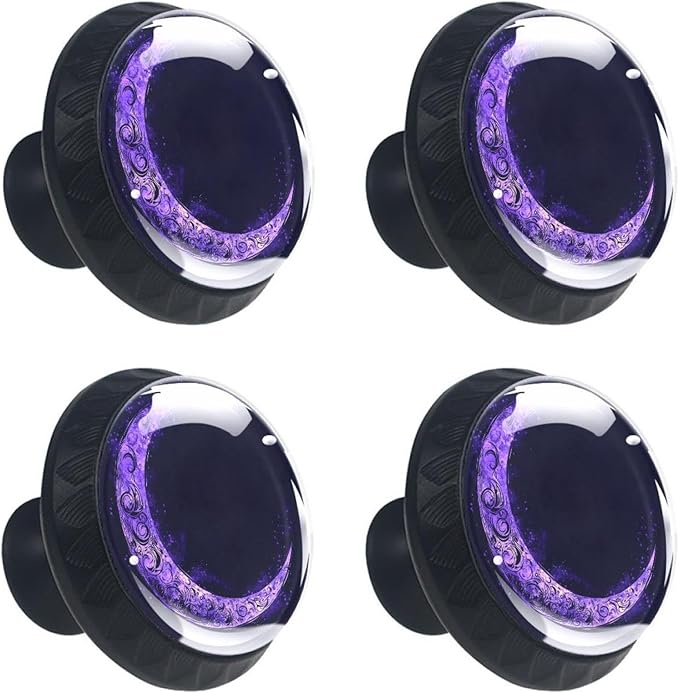 Purple Moon Art Pattern Cabinet Knobs, 35mm Round Glass Knobs for Dressers and Drawers, Decorative Handles Pulls for Home Kitchen Bedroom, 4 Pack