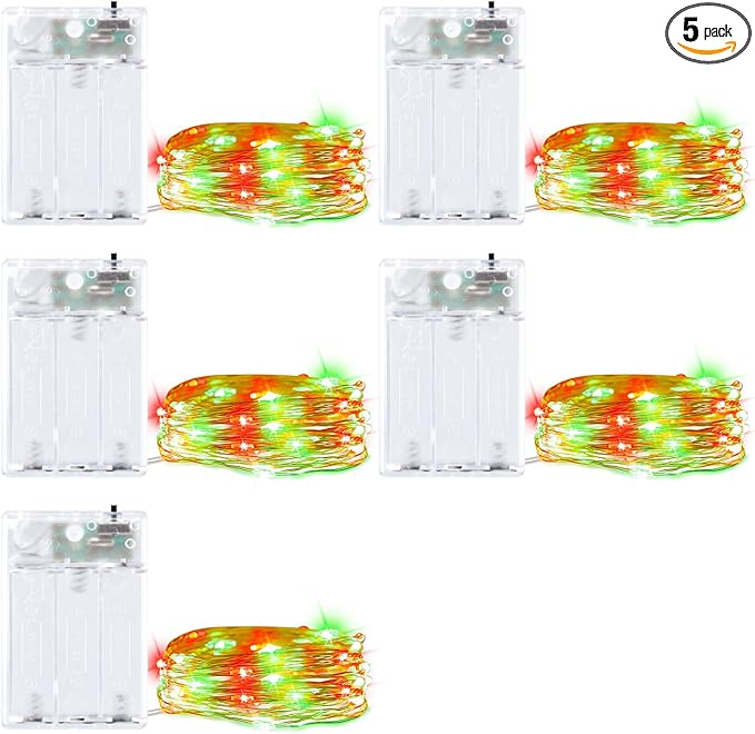 Minetom Fairy Lights Battery Operated, 5 Pack 7 FT 20 LED String Lights with Timer, Waterproof Silver Wire Christmas Fairy Light for Bedroom Party Decorations, Red and Green