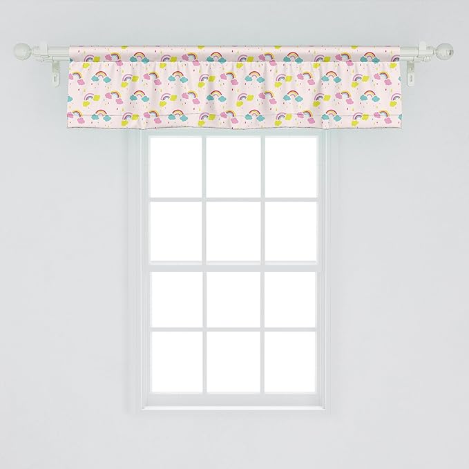 Ambesonne Cartoon Window Valance, Pastel Rainbows Clouds Raindrops Sky Theme, Curtain Valance for Kitchen Bedroom Decor with Rod Pocket, 54" X 12", Rose and Multicolor