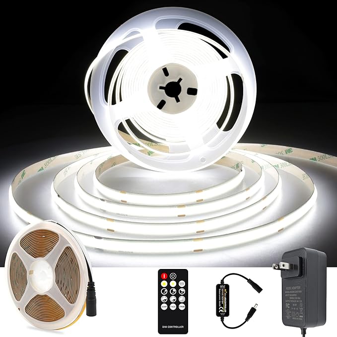 White COB LED Strip Light, Dimmable 16.4ft/5m LED Light, 6000K Daylight White 2400 LEDs High Lumen LED Tape Lights CRI 90+ with RF Remote and UL Power for Bedroom,Kitchen,DIY Home Decoration
