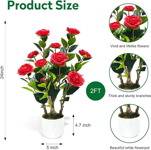2Pack Artificial Camellia Tree, 2FT Faux Camellia Plant in Pot with Red Flowers for Spring Home Front Door Outdoor Indoor Decoration,Red