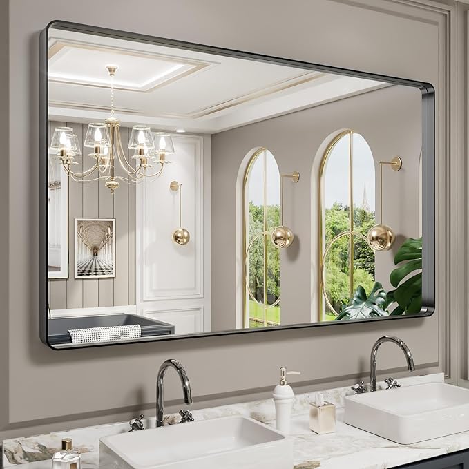 LOAAO 60X30 Inch Black Metal Framed Bathroom Mirror for Wall, Matte Black Bathroom Vanity Mirror Farmhouse, Large Rounded Rectangle Mirror, Anti-Rust, Tempered Glass, Hangs Horizontally or Vertically
