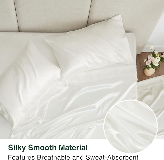 Love's cabin Full Size Satin Sheet Sets - 4 Piece Ivory Silky Sheet Set Full with Deep Pocket, Luxury Silk Feel Bed Sheets Full Bedding Set (1 Flat Sheet,1 Fitted Sheet,2 Pillow Cases)