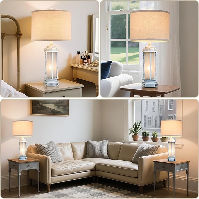 25" Rustic Table Lamps Set of 2, Vintage Nightstand Lamps with 2 USB Ports, Farmhouse Antique White Desk Lamp with Glass Night Light for Living Room Bedroom Dorms, 4 Bulbs Included