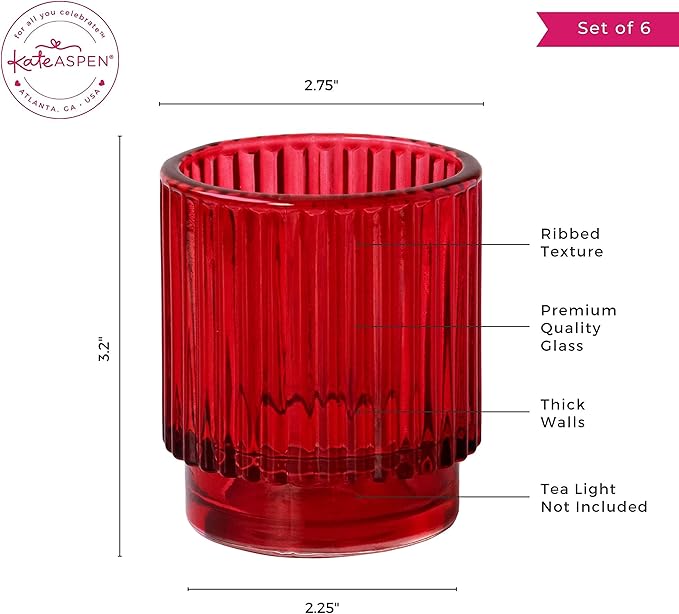 Kate Aspen Vintage Ribbed Red Glass Tealight & Votive Candle Holders (Set of 6), Fall Decor, Boho Decor, Shelf Decoration (27206RD)