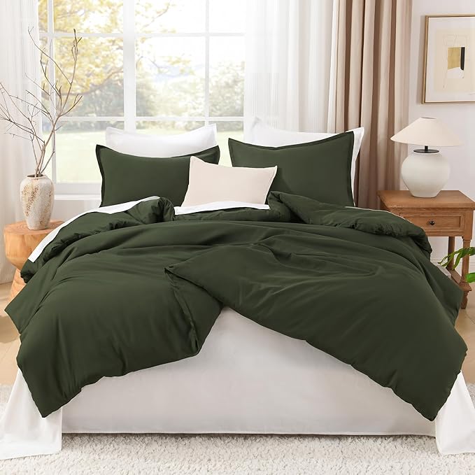 Litanika Dark Olive Green Comforter Set King, 3 Pieces Solid Bedding Comforter Set, All Season Fluffy Bed Set (104x90In Comforter & 2 Pillowcases)