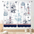 Nautical Curtains, Vintage Marine Coastal Sailboat Compass Anchor Ocean Beach Lighthouse Watercolor Blue Decorative Drapes for Bedroom Living Room Kitchen Bathroom Window 2 Panels, 84"x63" Inch