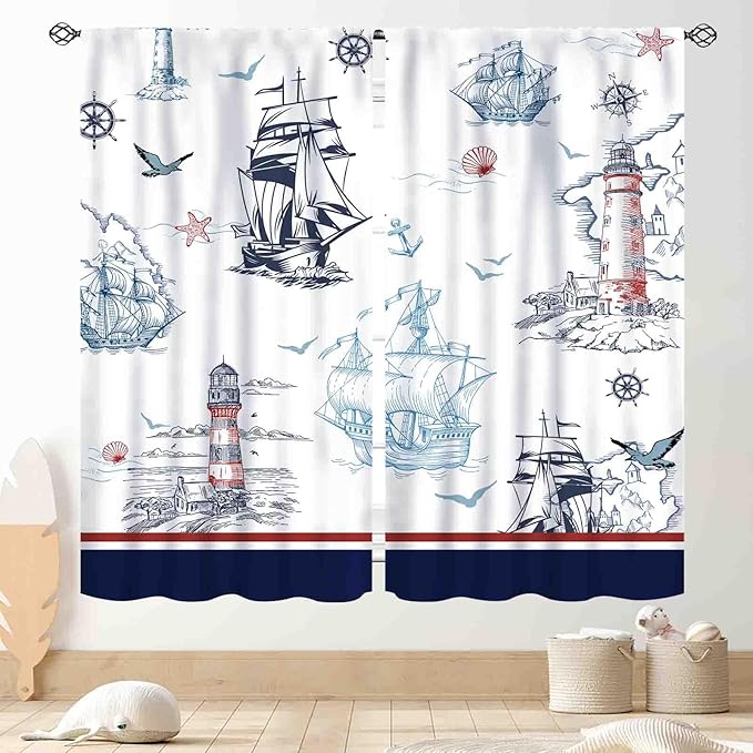 Nautical Curtains, Vintage Marine Coastal Sailboat Compass Anchor Ocean Beach Lighthouse Watercolor Blue Decorative Drapes for Bedroom Living Room Kitchen Bathroom Window 2 Panels, 84"x63" Inch