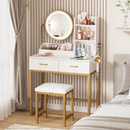 Makeup Vanity with Round Mirror and Lights, White Vanity Makeup Table with Charging Station, Small Vanity Table for Bedroom, 3 Lighting Modes, 31.5in(L)