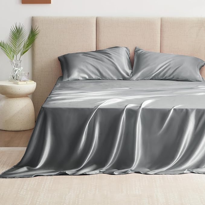 Love's cabin Full Size Satin Sheet Sets - 4 Piece Dark Grey Silky Sheet with Deep Pocket, Luxury Silk Feel Satin Bed Sheets Full Bedding Set (1 Flat Sheet,1 Fitted Sheet,2 Pillow Cases)