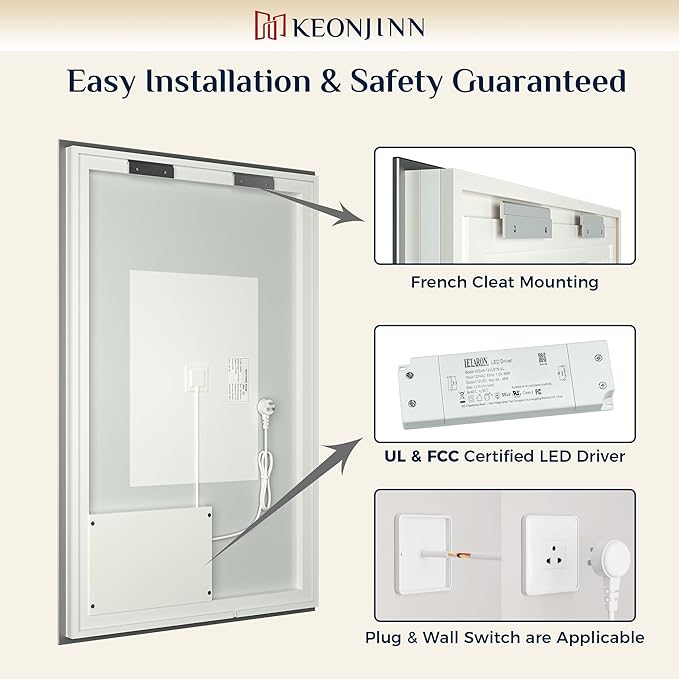 Keonjinn LED Mirror for Bathroom 72 x 36 Inch, Backlit Mirror Bathroom Oversize, Stepless Dimmable Wall Mirrors with Anti-Fog, CRI90+ HD Tempered Glass, Horizontal/Vertical Mounting for Vanity