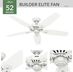 Hunter 52 inch Indoor Ceiling Fan No Light with Pull Chain - White Ceiling Fan without Light, Standard Mount, 5 Blades, For Bedroom, Living Room, or Kitchen - Builder Elite 53240, Snow White