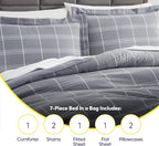 7 Piece Comforter Set Bag Solid Color All Season Soft Down Alternative Blanket & Luxurious Microfiber Bed Sheets, Queen, Gray Plaid