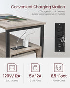 VASAGLE Side End Table with Charging Station, Slim Nightstand with 2 Drawers, Narrow Bedside Table for Living Room, Small Spaces, Heather Greige and Ink Black ULET321B02