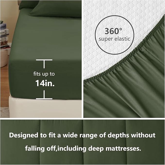 CozyLux King Size Comforter Set Olive Green, 7 Pieces Bed in a Bag, Green Comforter King Size, All Season Bedding Sets with Stitch Quilted Comforter, Flat Sheet, Fitted Sheet, Pillowcases
