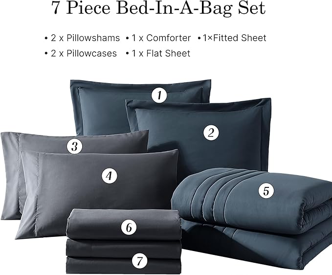 Monbix Oversized Queen Comforter Set - 7 Pieces Blue Grey Bed in a Bag Queen Bedding Sets with Comforters, All Seasons Down Alternative Comforter Bed Set with Sheets,Pillowcases & Shams