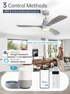 Sofucor 52 Inch Smart Ceiling Fans with Lights and Alexa/Google Assistant/APP/Remote Control-Modern Solid Wood Outdoor 3 Blades Ceiling Fan for Bedroom Living Room Indoor Farmhouse Patio, Silver Grey