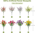 SHareconn 36 Bundles Artificial Flowers for Outdoors Decoration, Faux Plants Fake Silk Colorful Daisy Eucalyptus Lavender, UV Resistant for Outside Home Porch Patio Spring Decor, RedRosyPurpleYellow