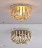 Q&S Boho Chandelier Wood Beaded Flush Mount Ceiling Light Fixtures for Nursery Baby Bedroom Kitchen Hallway,Oak White Finish,2-Lights